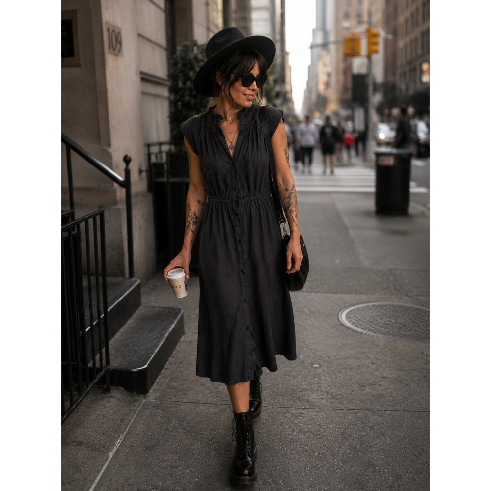 Brochu Walker Small Tiered Midi Dress Black Button Front Flutter Sleeve #1199